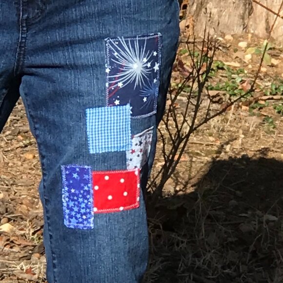 Upcycled Patchwork Jean Capris: Patriotic Theme Cropped Pants 4th of July, 12P - Picture 10 of 12
